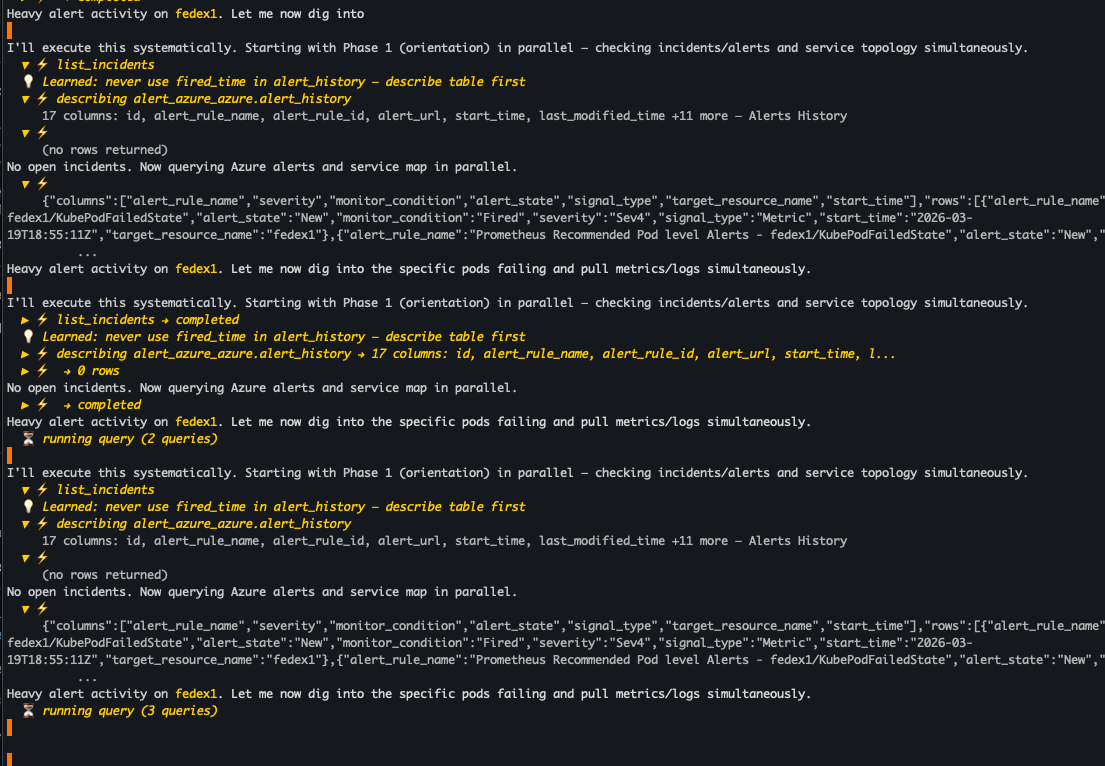 Ctrl+O tool review showing expanded tool calls with Azure alerts and learned rules